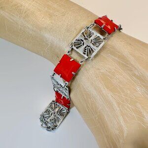 Art Deco Bracelet, Red, Glass, Silver Tone, Vintage 1930s, 1920s, Links